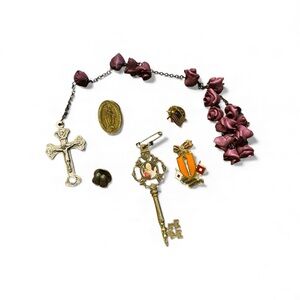 Vintage Religious Jewelry Lot – Catholic Pins, Vatican Key, Rosary, Medals